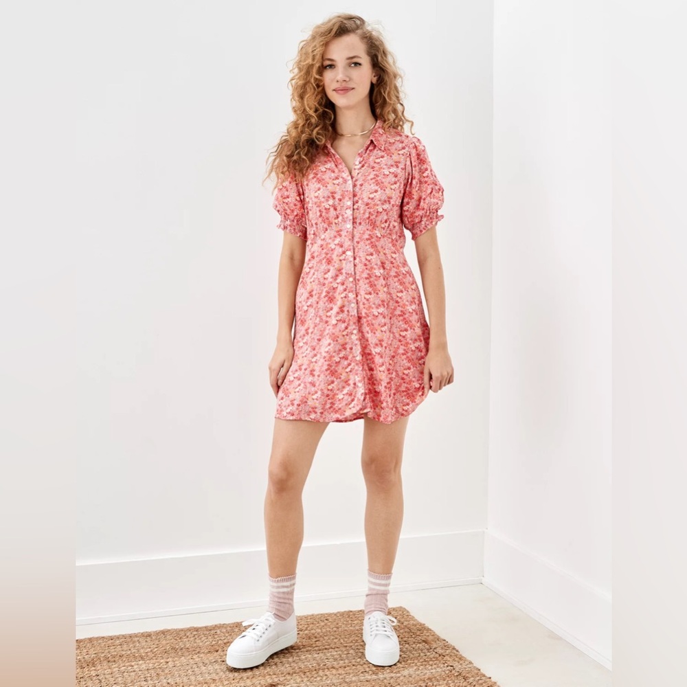 American Eagle AE Puff Sleeve Shirt Dress, mini, floral, size small